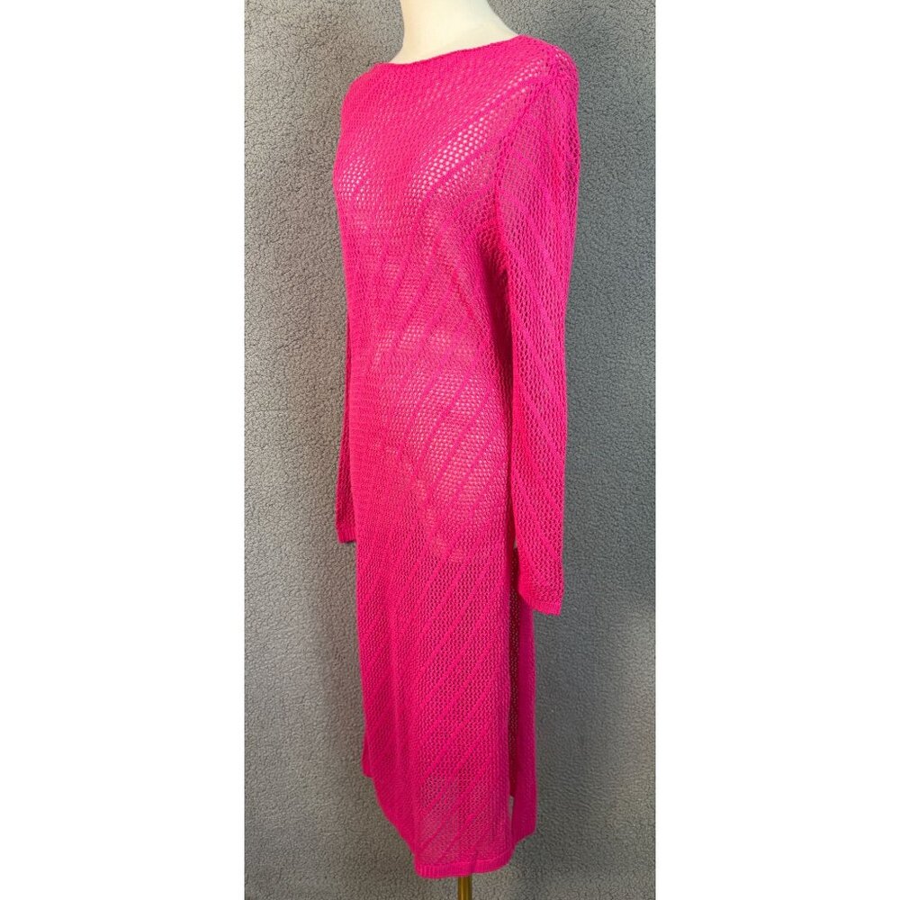Pink Long Sleeve Crochet Knit Dress Sheer Cover-Up Size Medium New Without Tag's - Picture 4 of 7